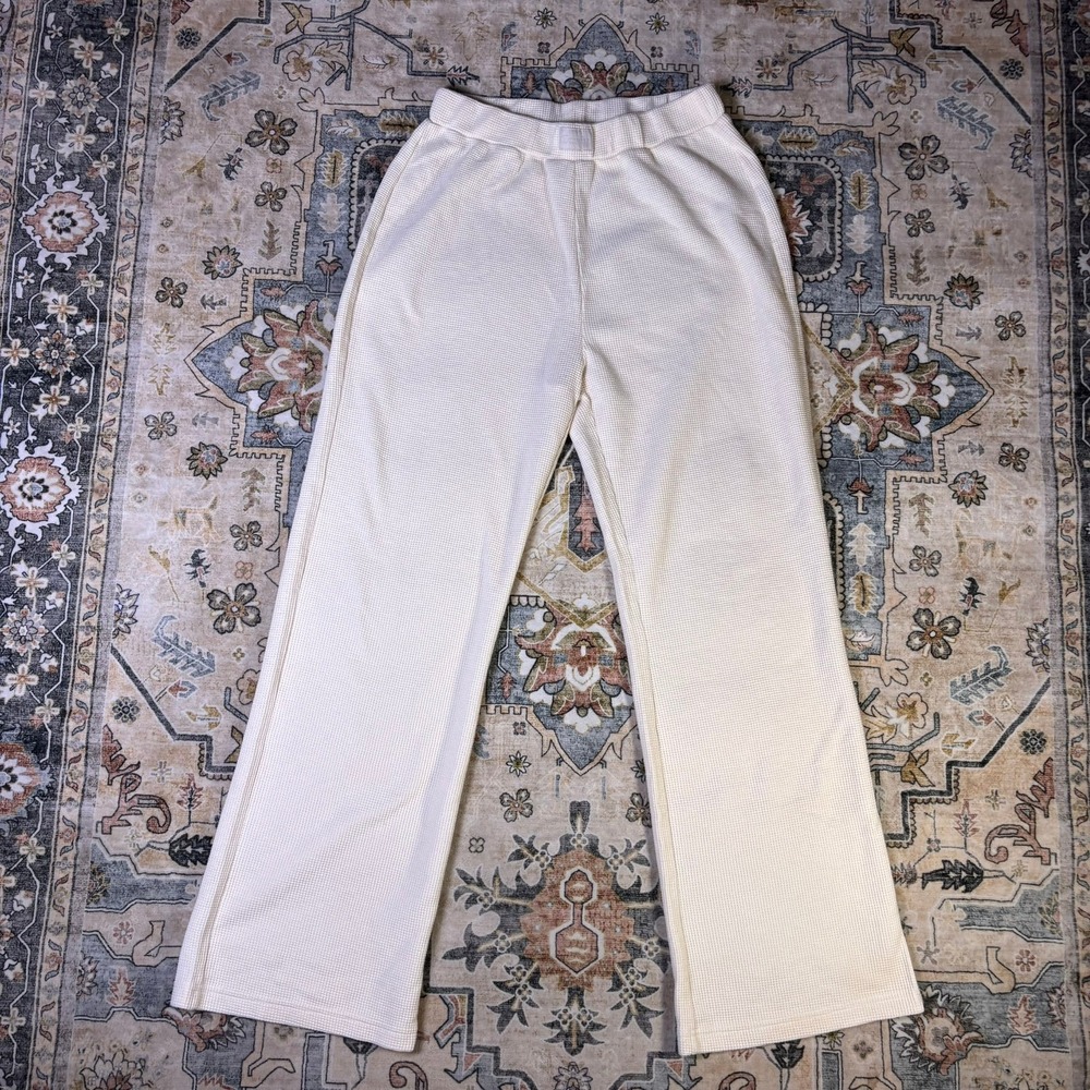Comfrt Cream Waffle Knit Lounge Pants Wide Leg Elastic Waist Off White Gym Fall